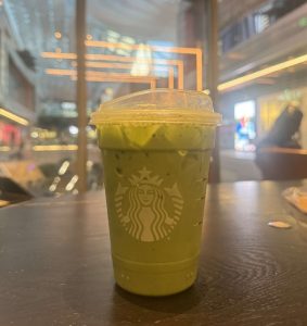 This is what a vibrant sage green matcha from Starbucks at the Brickell City Centre looks like.