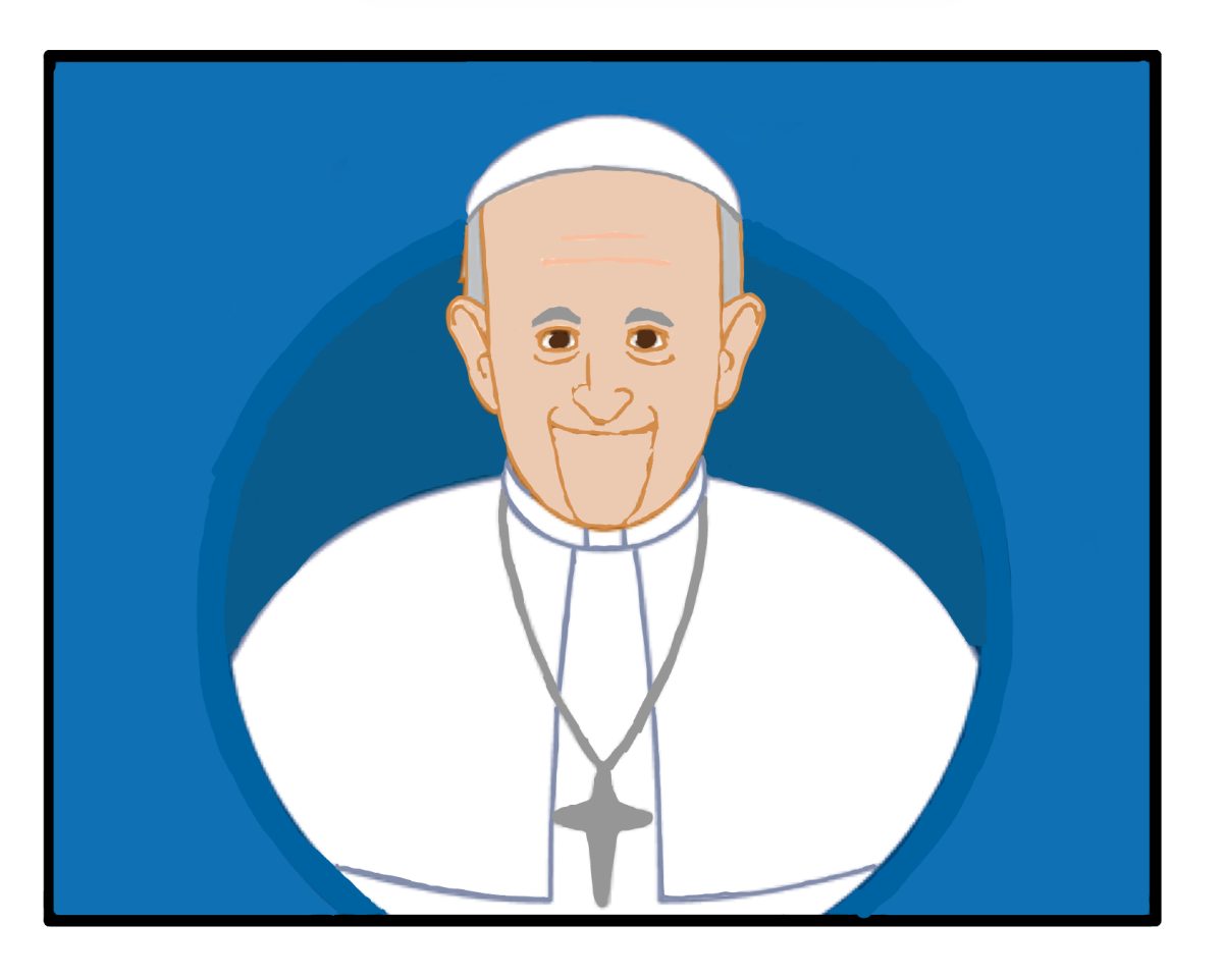 Digital drawing of Pope Francis smiling with a blue background.