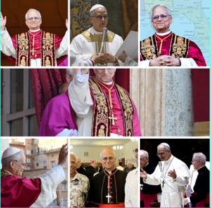 This collage of seven different photos features the new and first-ever American Pope, Leo XIV, waving to the faithful.