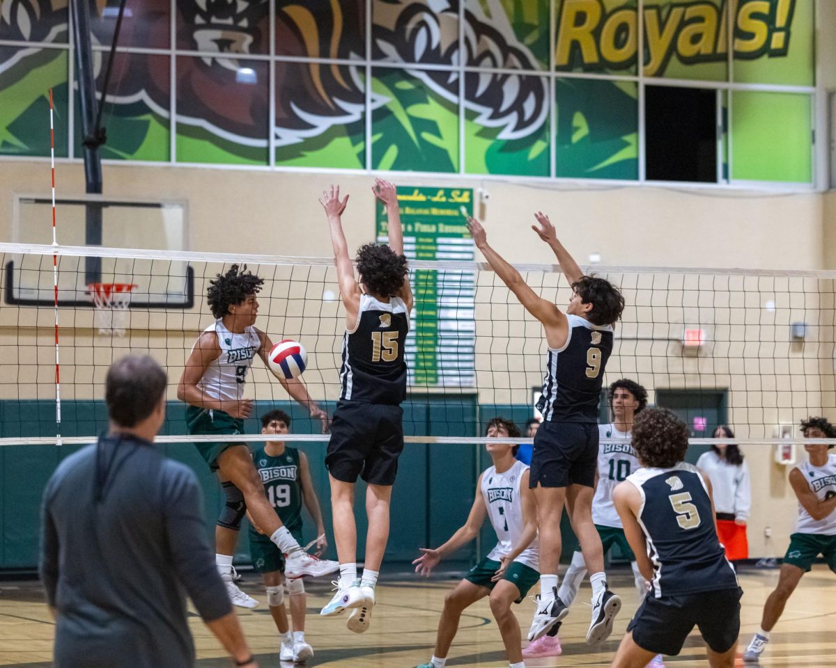 The ILS volleyball player Daniel Auza (sophomore) deftly blocks a spike. 