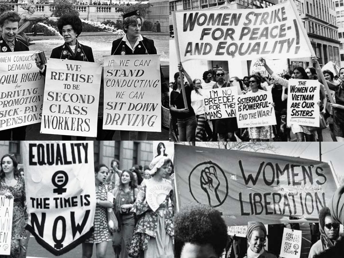 This compilation collage features images of activists advocating on behalf of women's rights.