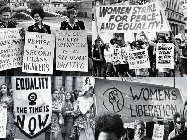 This compilation collage features images of activists advocating on behalf of women's rights.