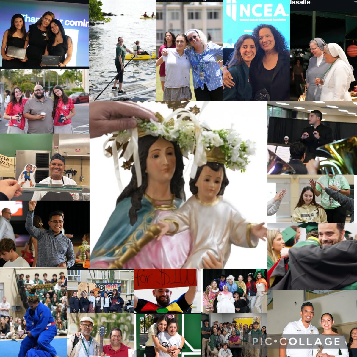 This series of photos turned into a collage reflect the many activities of Campus Ministry this past school year.