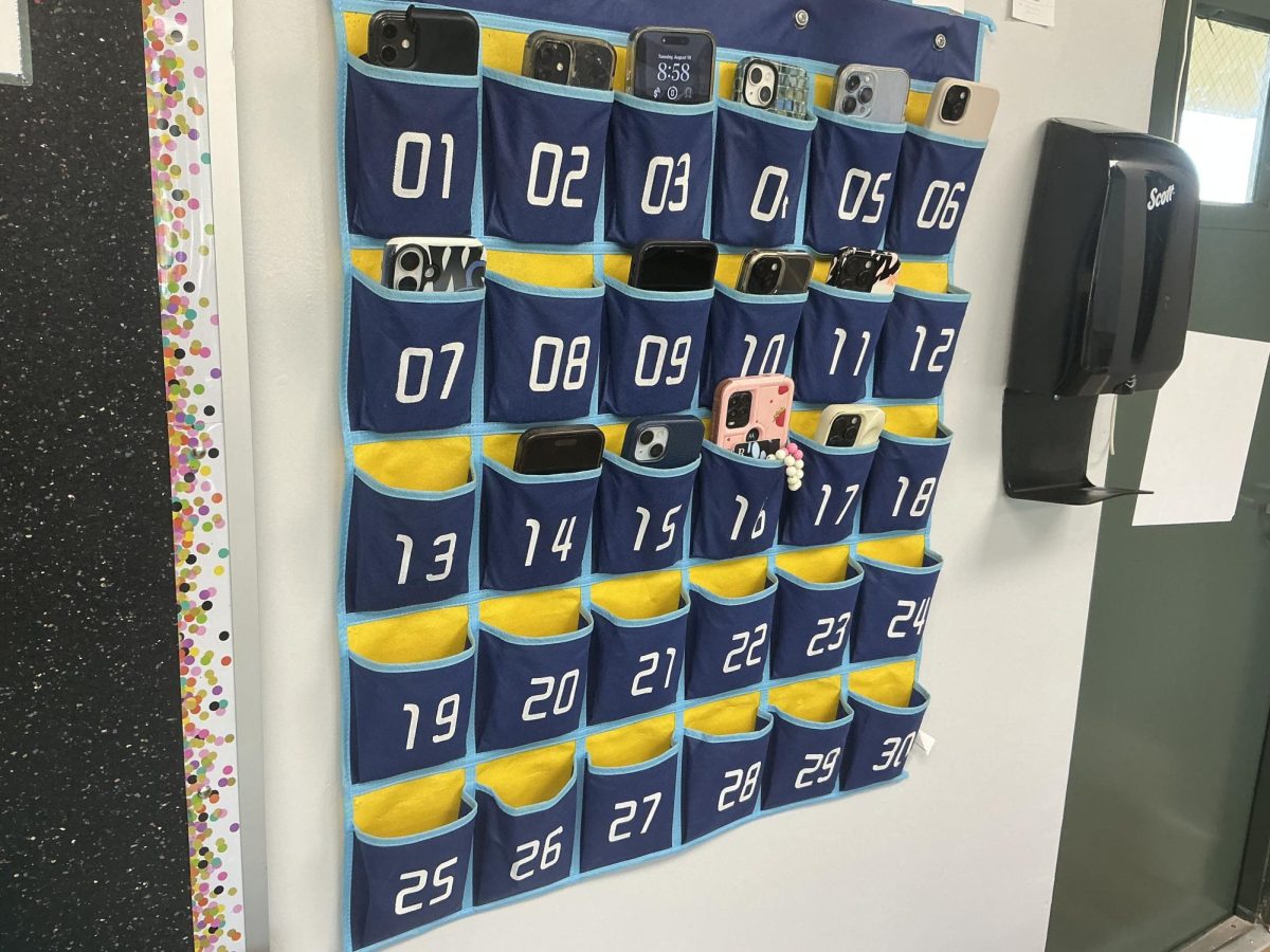 Student phones are placed in a cell phone pocket in room 807.