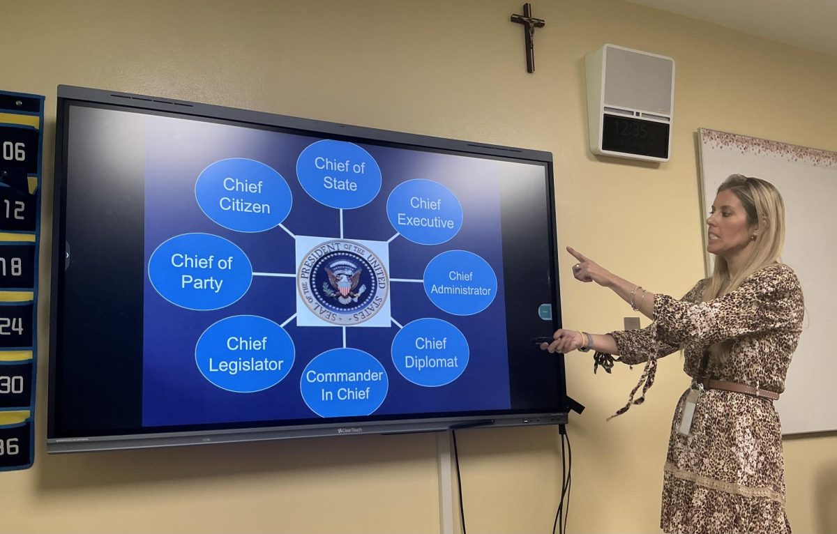 Ms. Stephanie Leibert teaches her Constitutional Law Dual Enrollment students about the Executive Branch.  