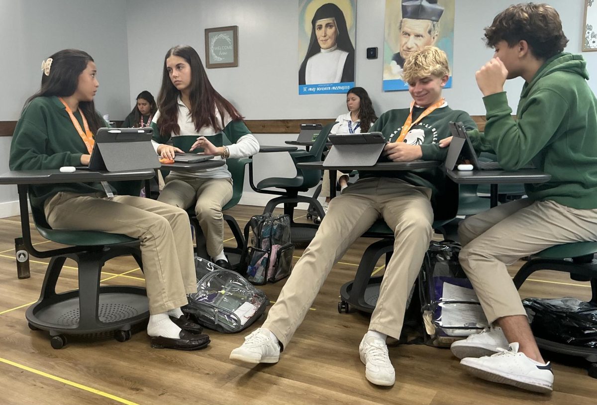 A group of sophomores learn and preparing for the 2025-2026 school year. Left to right: Ivanna Penalver, Violeta Fausciana, Sean Lui, and Zain Abu-Nassar.