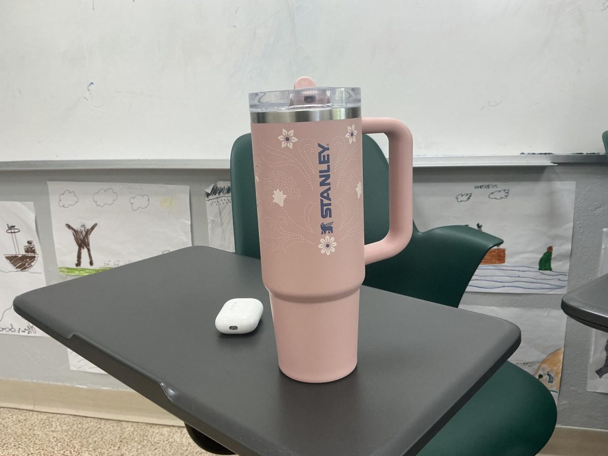 Maria Lutsenko’s Stanley water bottle sits on a desk in Room 305. 