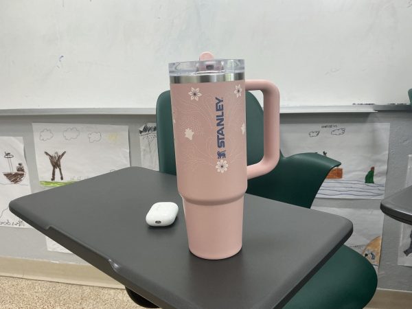 Maria Lutsenko’s Stanley water bottle sits on a desk in Room 305. 