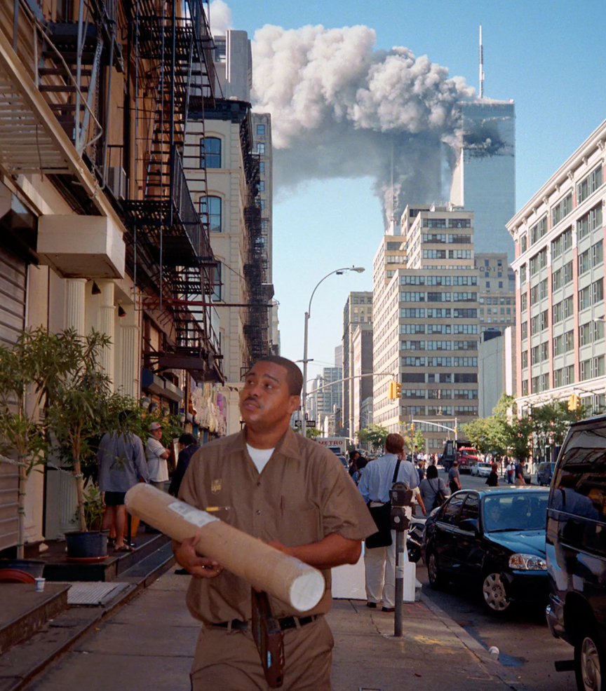This photo taken the day of the terrorist attack features a delivery driver going about his work in spite of what just transpired.
