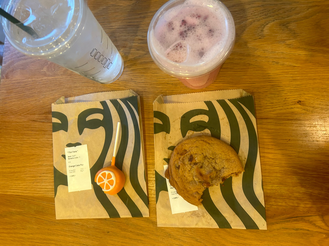 These two drinks with snacks, including cookie and cake pop, are popular orders at local Starbucks.
