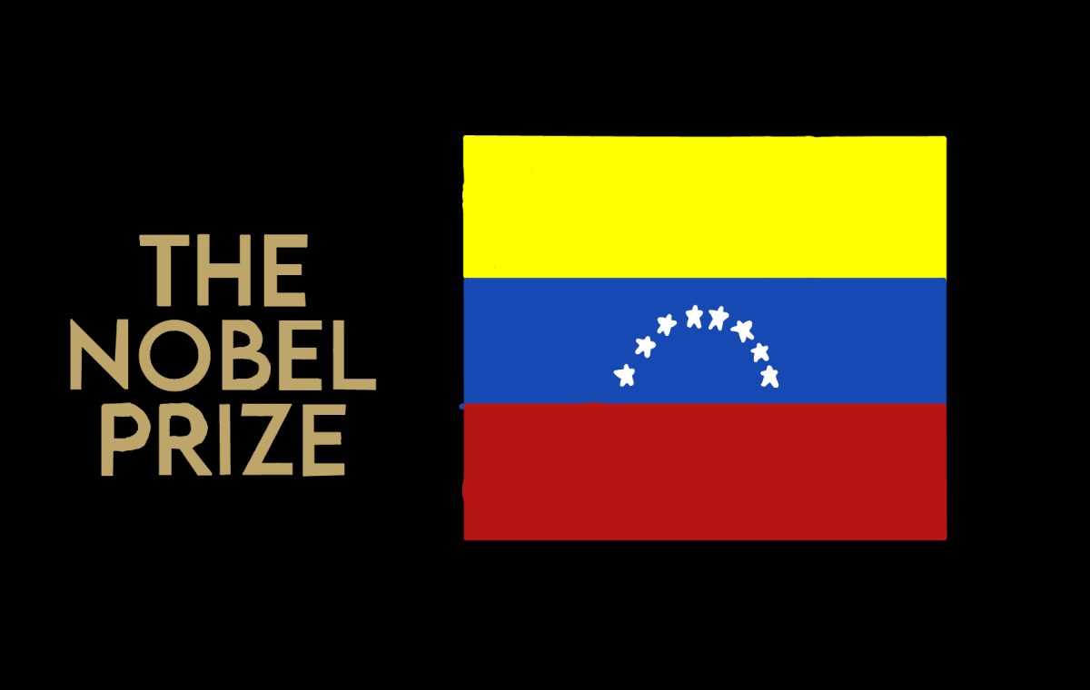 The Nobel Prize logo is next to the flag of Venezuela, the country where Ms. Machado, the recent recipient of the prestigious peace award, is originally from.