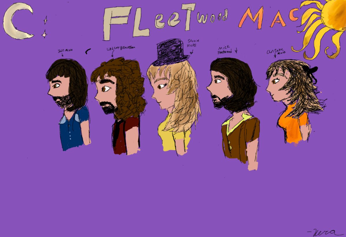 This vivid illustration features an animated version of Fleetwood Mac's individual members.