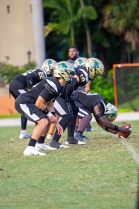 Football players line up preparing for a snap on the field.