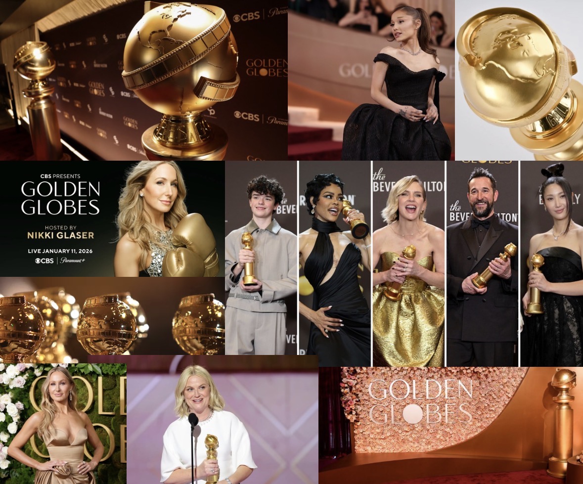 This Golden Globes collage features the trophy and some of the many attendees.