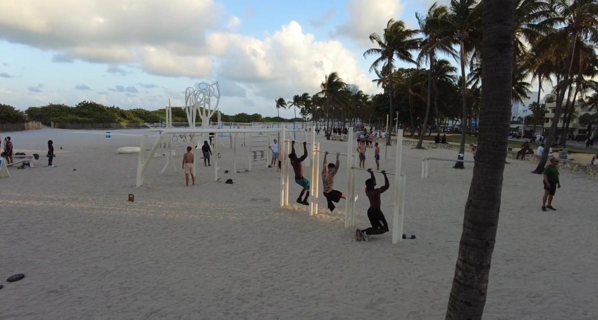 People on the sand near Miami Beach exercising.