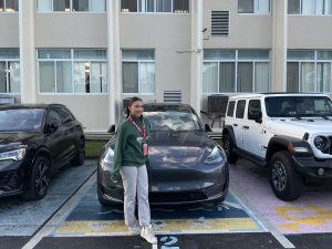 Senior Alessandra Alvarez parks in the senior parking lot. Here she is ready to go home. 