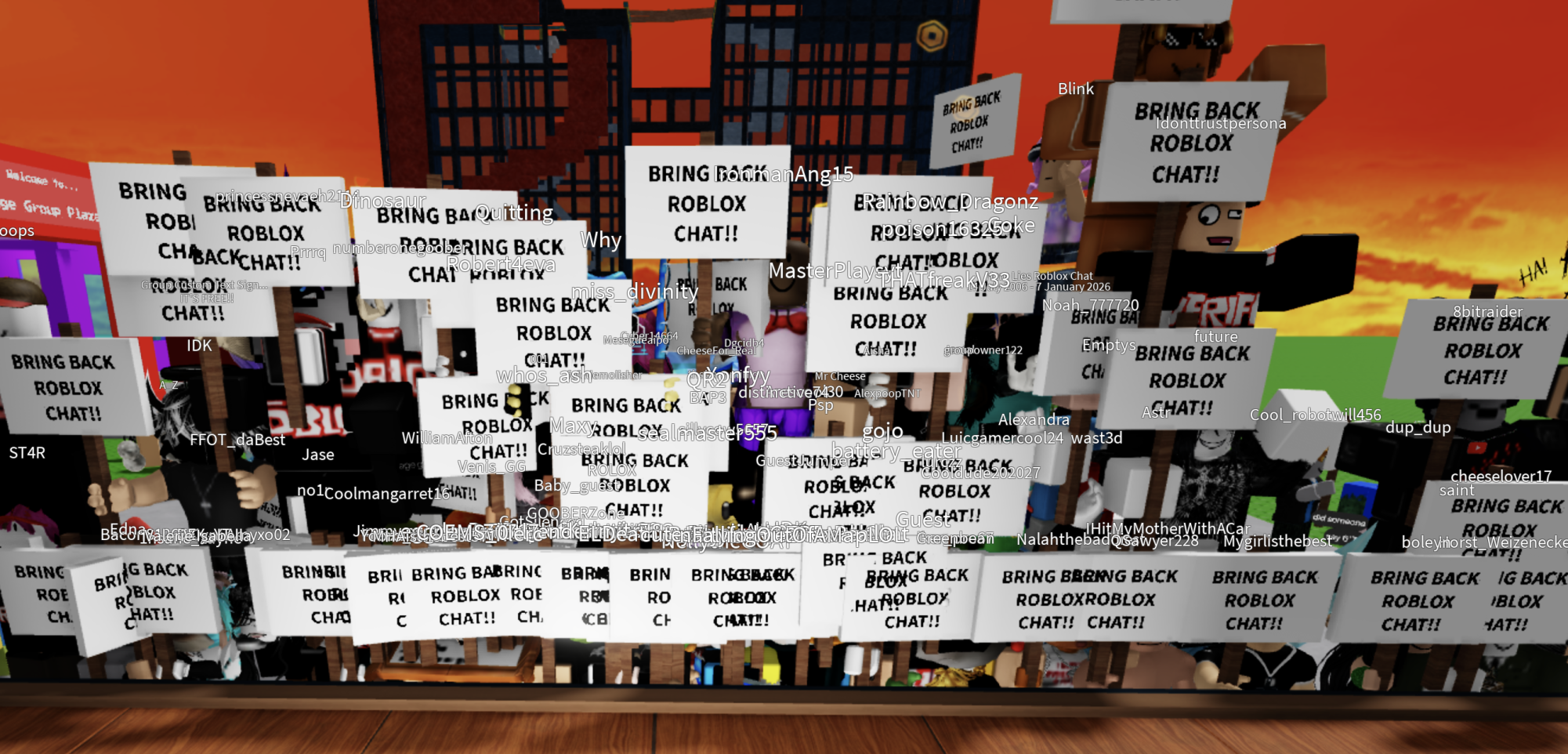 Hundreds of Roblox Players gather online to protest the Roblox chat restrictions.