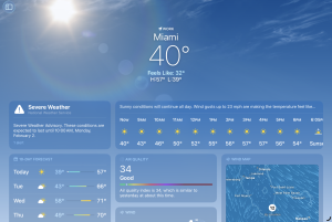 The Weather app shows unusually low temperatures during Miami’s winter cold snap.