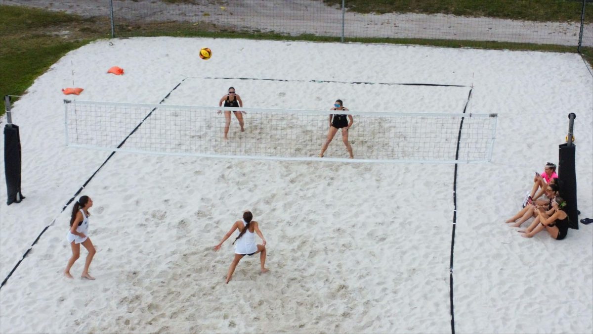 Players prepare to receive a serve during a competitive Beach Volleyball match.