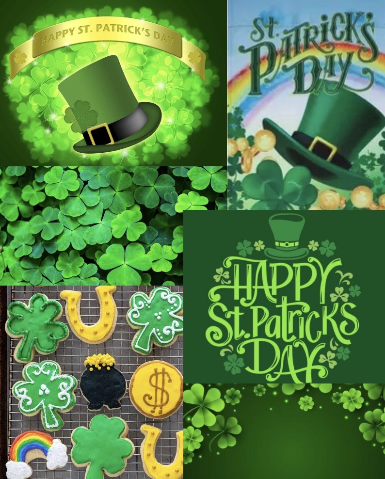 This bright green collage features many festive St. Patrick’s day photos and messages.