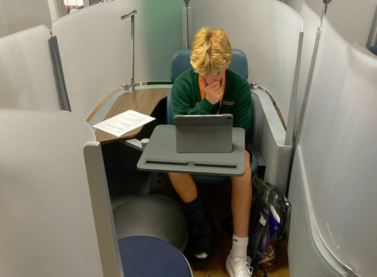 Student, studies inside a private pod. The high angle looks down into his workspace, showing his focus on the screen.