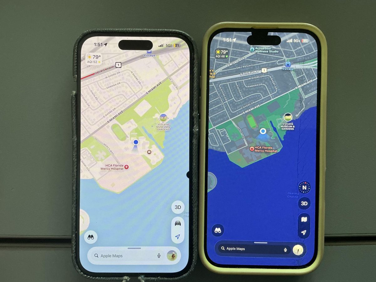 Two iPhones show same location, revealing how digital maps track movements in real time. 