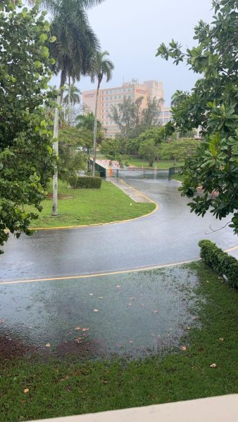 A typical rainy day at ILS includes street floods and students carefully navigating their way from building to building.