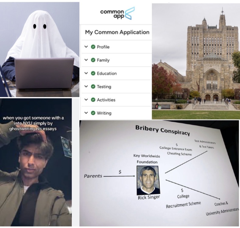 [From top row, left to right] Credits: wikipedia, CommonApp, Yale University
[From bottom row, left to right] A TikToker famous for offering ghostwriting services, USAToday diagram of the Varsity Blues scandal, illustrate some of what aspiring students who wish to do things the right way, the ethical way, are up against. 