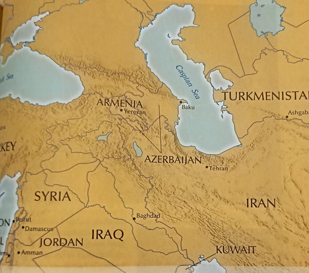 This picture of a map taken from the ILS World Religion's textbook features the center of today's war, Iran, and its surrounding neighbors.
