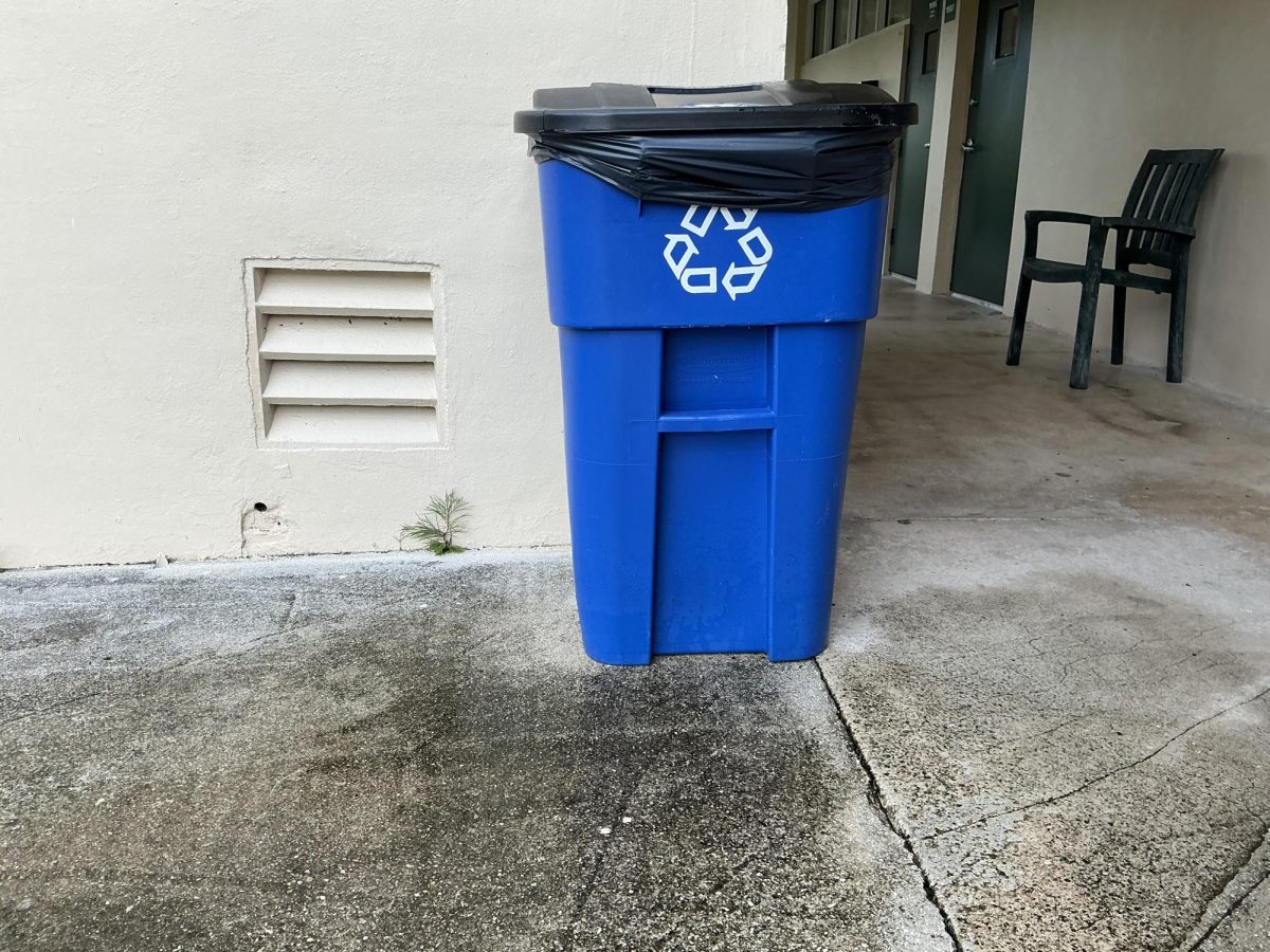 Outside the 800 building, a blue recycling bin features the familiar arrows which symbolize recycling.