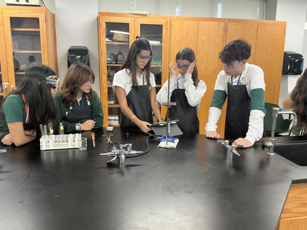 Sophomore and Juniors Kylie Felix, Elana Coyle, Claudia Lamas Manso, Clarissa Delgado, and Nicolas Loughlin Parra prepare for a chemistry lab in Mr. Jorge Pacheco’s E Block in room 405.