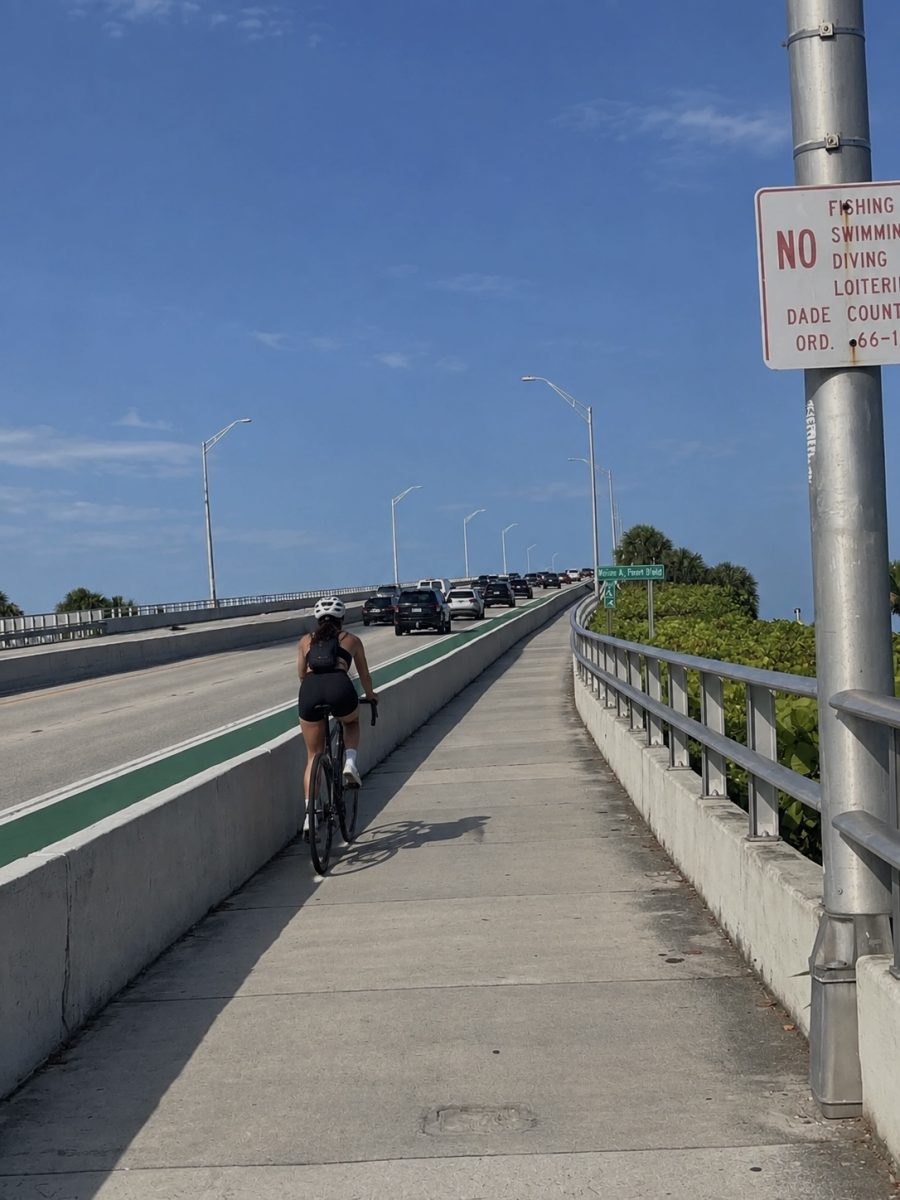 A cyclist rides along the protected path to stay safely away from passing cars.