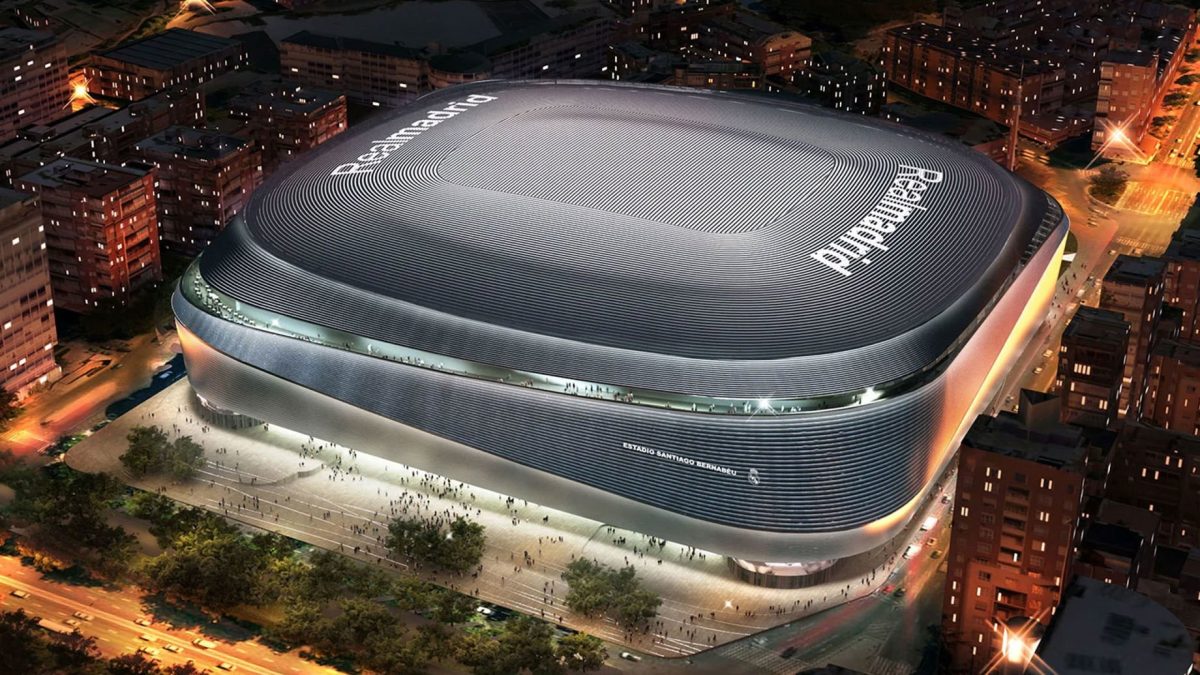 The newly renovated Santiago Bernabeu stadium, home to Real Madrid CF and recently hosting a international NFL game between the Miami Dolphins and Washington Commanders.