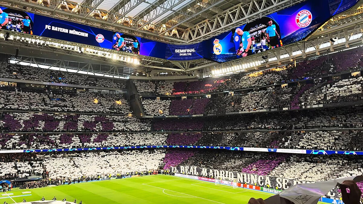 This image showing one of the most impressive views in football as the Bernabeu gets ready to host a heated game between Real Madrid and Bayern Munich in the UEFA Champions League semi-finals.