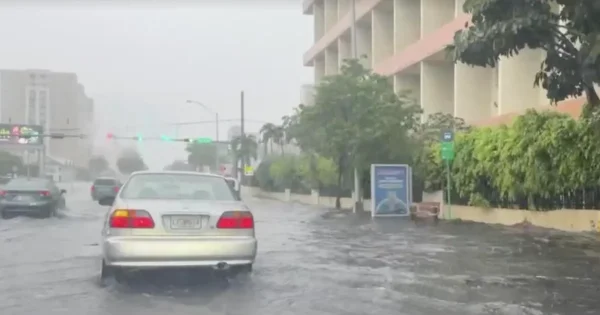 Cars drive through flooded streets in Miami as heavy rainfall causes water to accumulate on roads.
