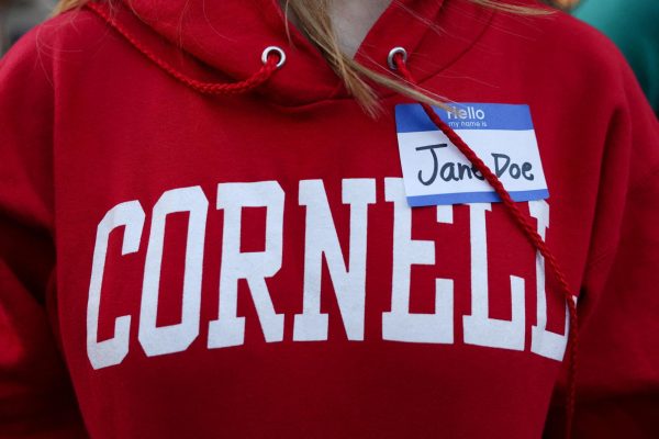 A student wears a Jane Doe name tag during a Justice for Survivors rally at Cornell University in Ithaca, New York, US, October 5, 2026. REUTERS/Lauren Petracca