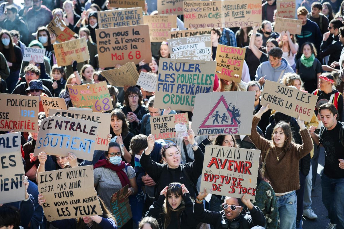 Protestors, including French high school and university students attend a demonstration in Nantes, part of a nationwide day of protests and blockades to demand better school conditions in France, October 8, 2026. REUTERS/Stephane Mahe
