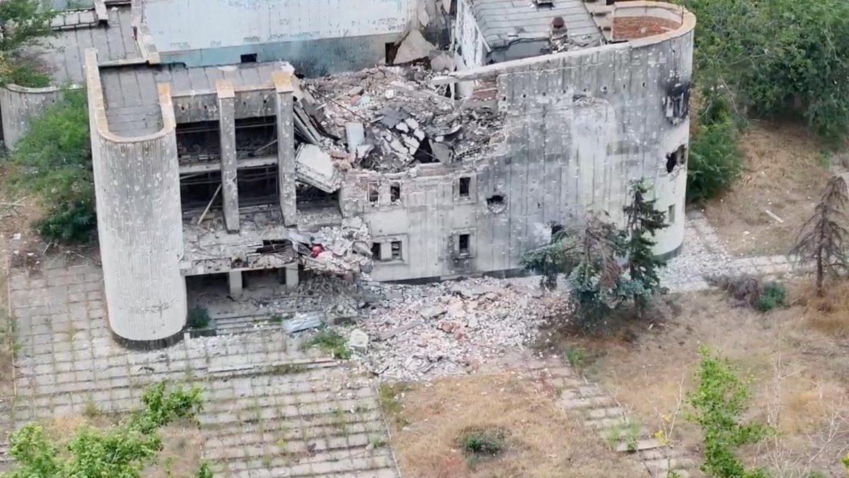 A still image taken from an undated drone video released September 12, 2026, shows a destroyed building in Oleshky, Kherson Region, Russian-controlled Ukraine. 34th Separate Marine Brigade "Borysfen"/Handout via REUTERS