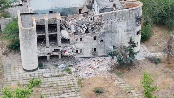 A still image taken from an undated drone video released September 12, 2026, shows a destroyed building in Oleshky, Kherson Region, Russian-controlled Ukraine. 34th Separate Marine Brigade "Borysfen"/Handout via REUTERS