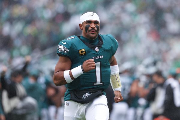 Oct 4, 2026; Philadelphia, Pennsylvania, USA; Philadelphia Eagles quarterback Jalen Hurts (1) before kick off against the Los Angeles Rams at Lincoln Financial Field. Bill Streicher-Imagn Images/ File Photo