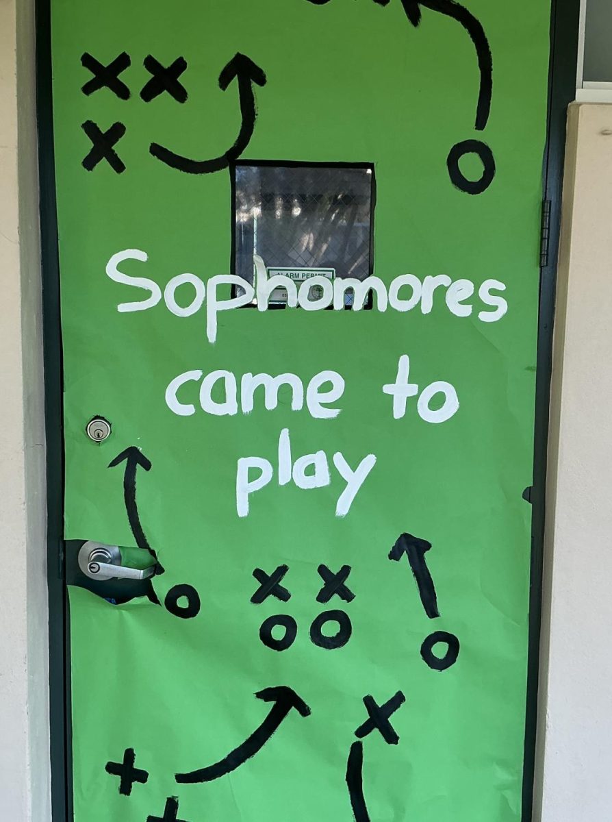The sophomores of 2029 decorate their doors with football routes exclaiming they “came to play” for color wars.