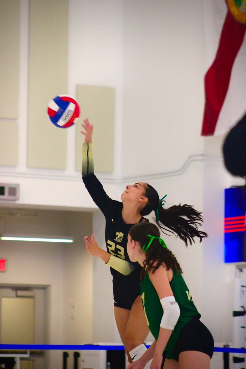 Senior Sophie Prado in the air serving the ball to the opposing team.