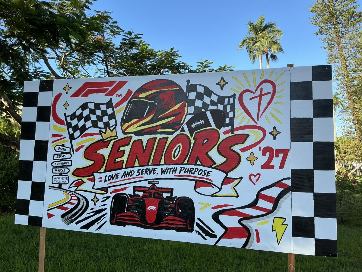The seniors of 2027 banner decorates the outside of the 400 building.