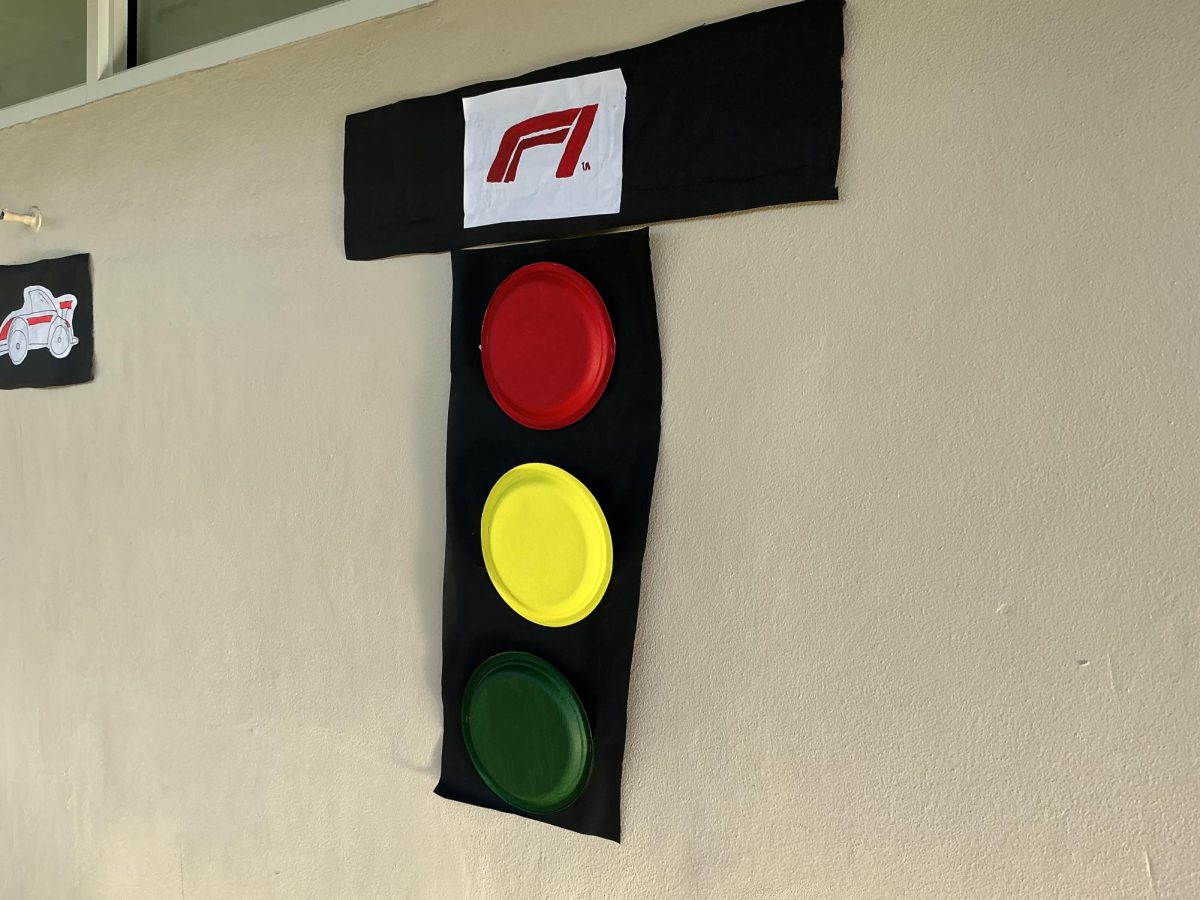 This stop light made out of paper,  paper plates, and paint represents the starting and ending signals for an F1 race.
