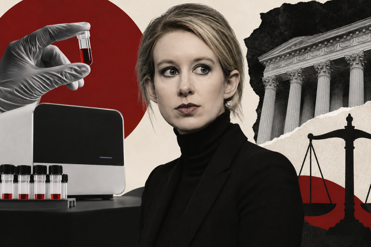 Illustration of Elizabeth Holmes with the blood sample and the courthouse behind her.