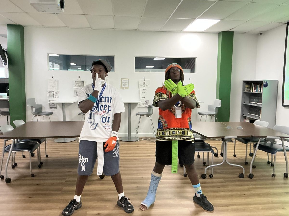 Juniors Jaylen Wilson and Darell Godfrey in their tacky Tuesday outfits.