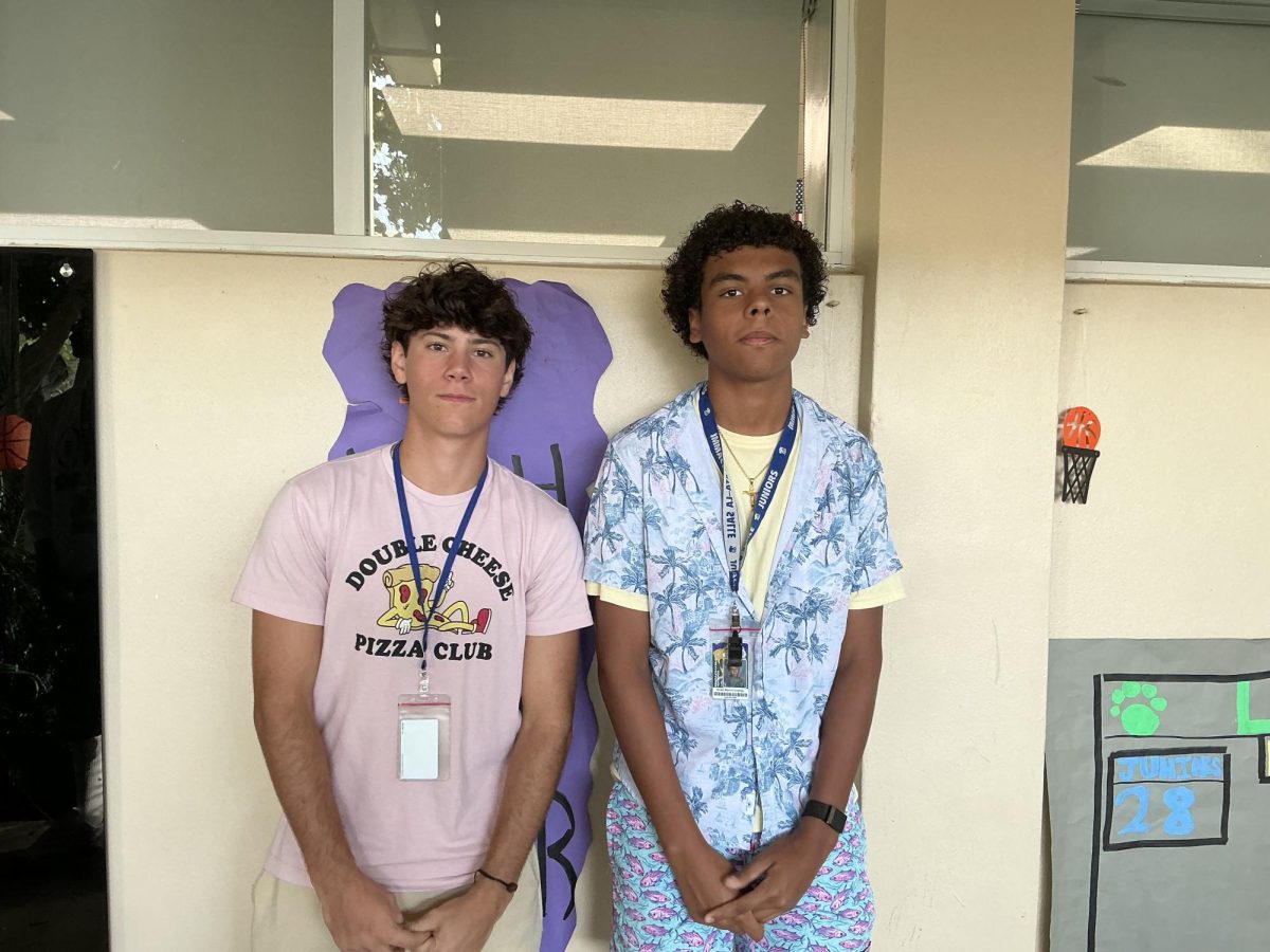 Juniors Liam Dempsey and Evan Myrtle in their tacky Tuesday blue and pink inspired outfits.