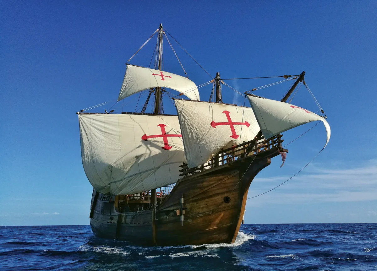 This image is a replica of the Santa Maria, one of the three ships on which Christopher Columbus and his crew sailed upon to reach the Caribbean.