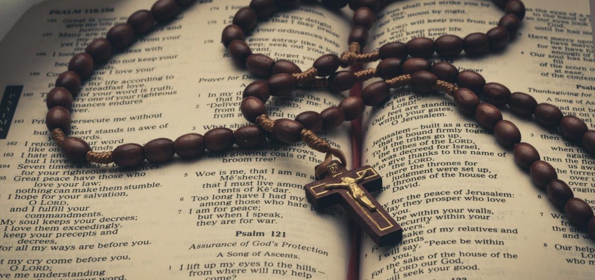 A rosary sits ready for students to pray together and reflect.