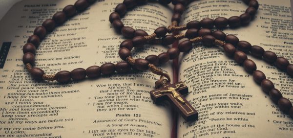 A rosary sits ready for students to pray together and reflect.